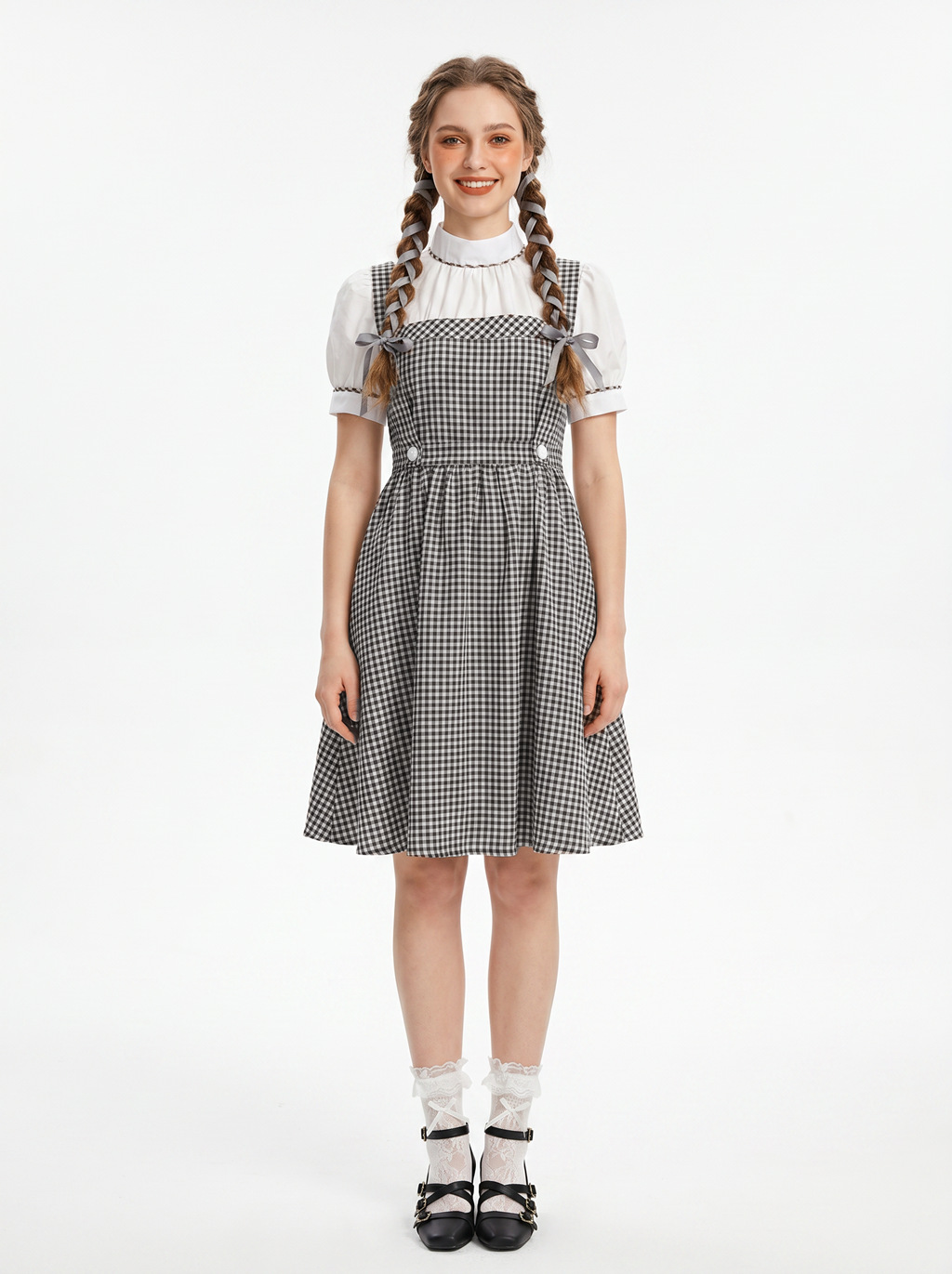 Vintage Gingham Farm Girl Pinafore Dress Halloween Student Cosplay Outfit